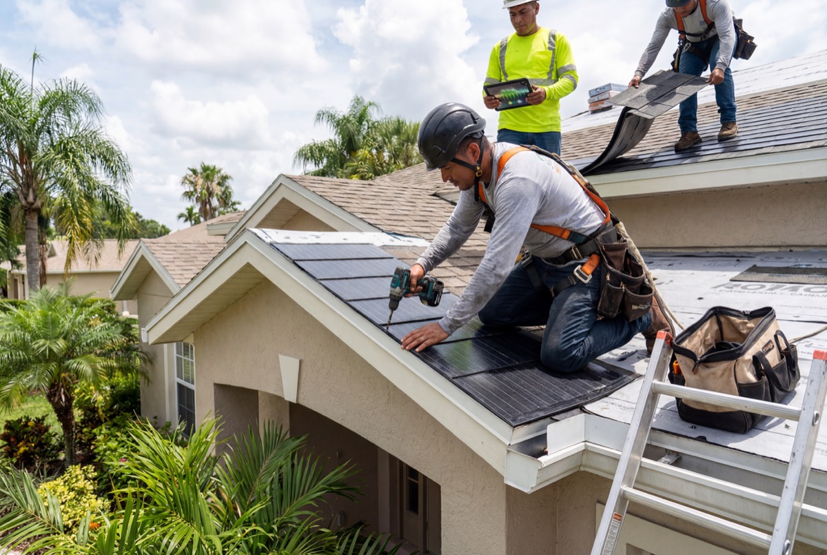 Workers installing solar panels on house roof
