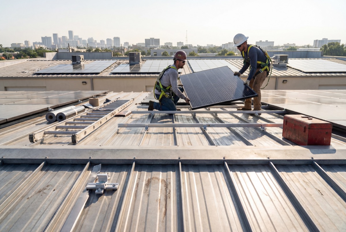 Workers installing solar panels on rooftop