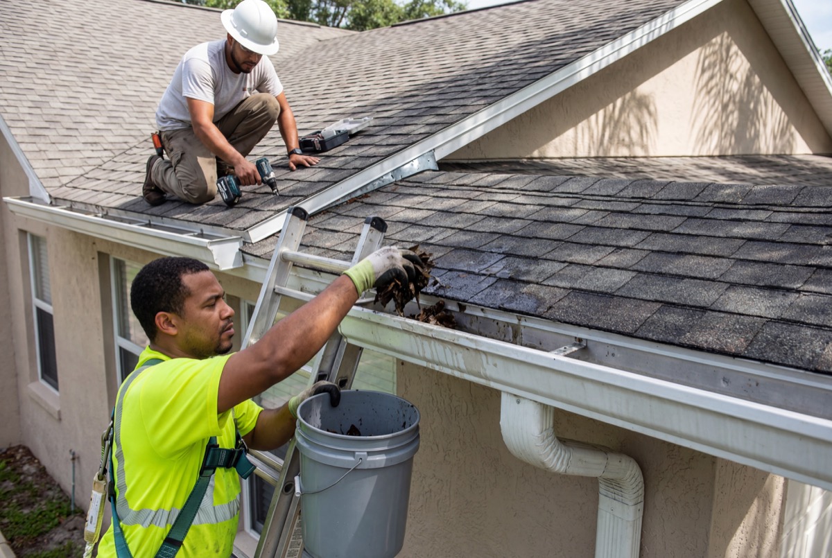 Workers cleaning roof gutters on house