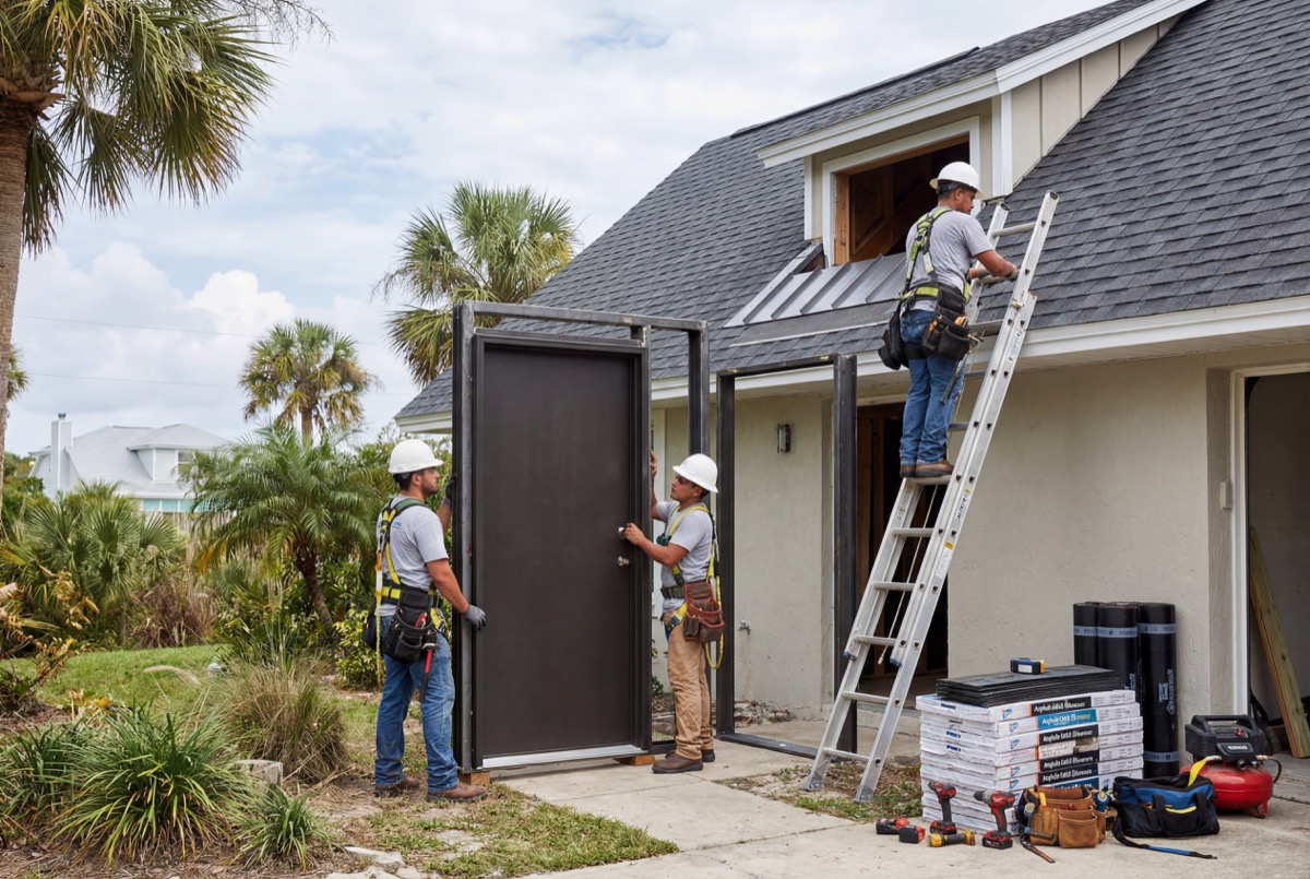 Workers installing front door on house