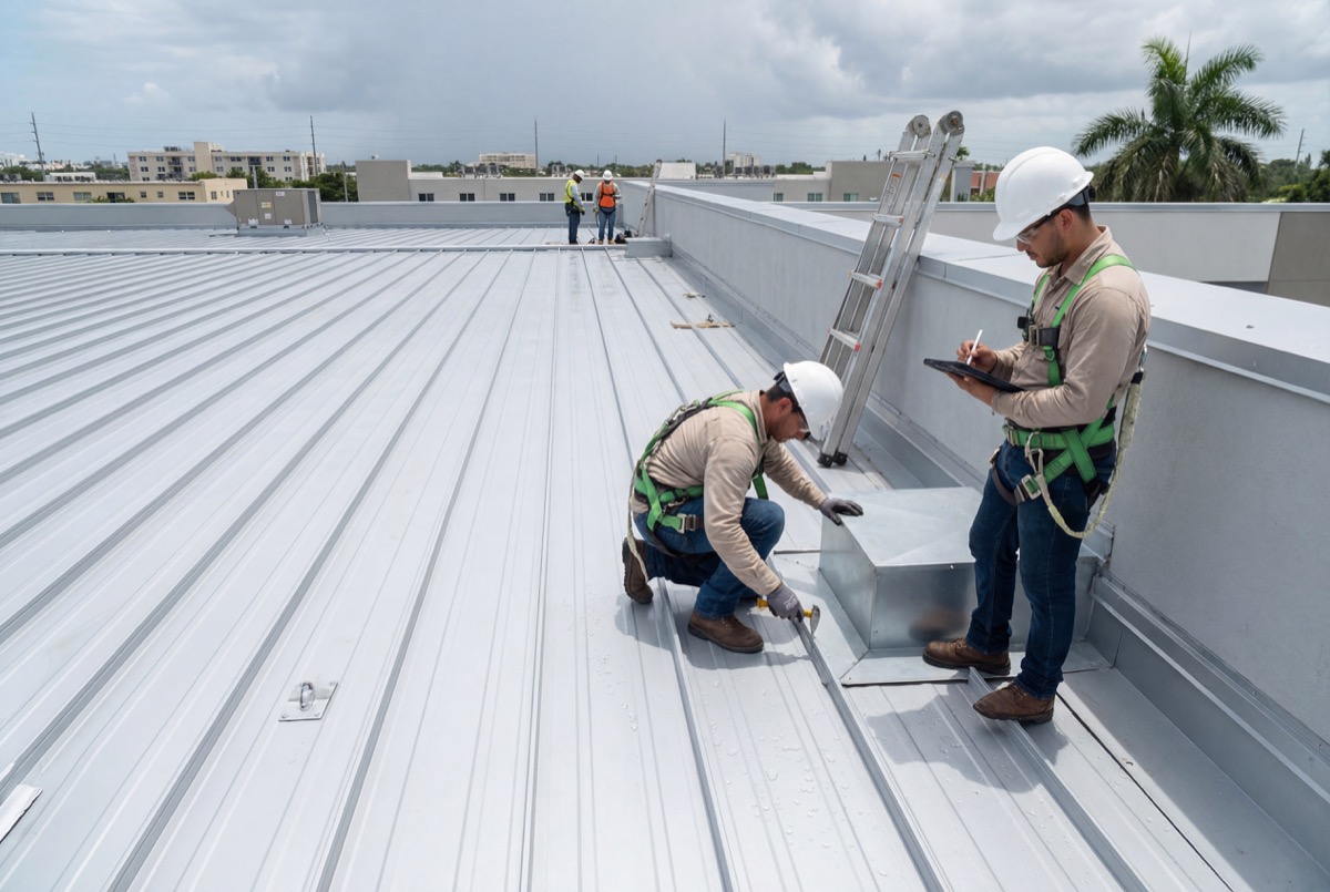 Workers inspecting metal roof panels