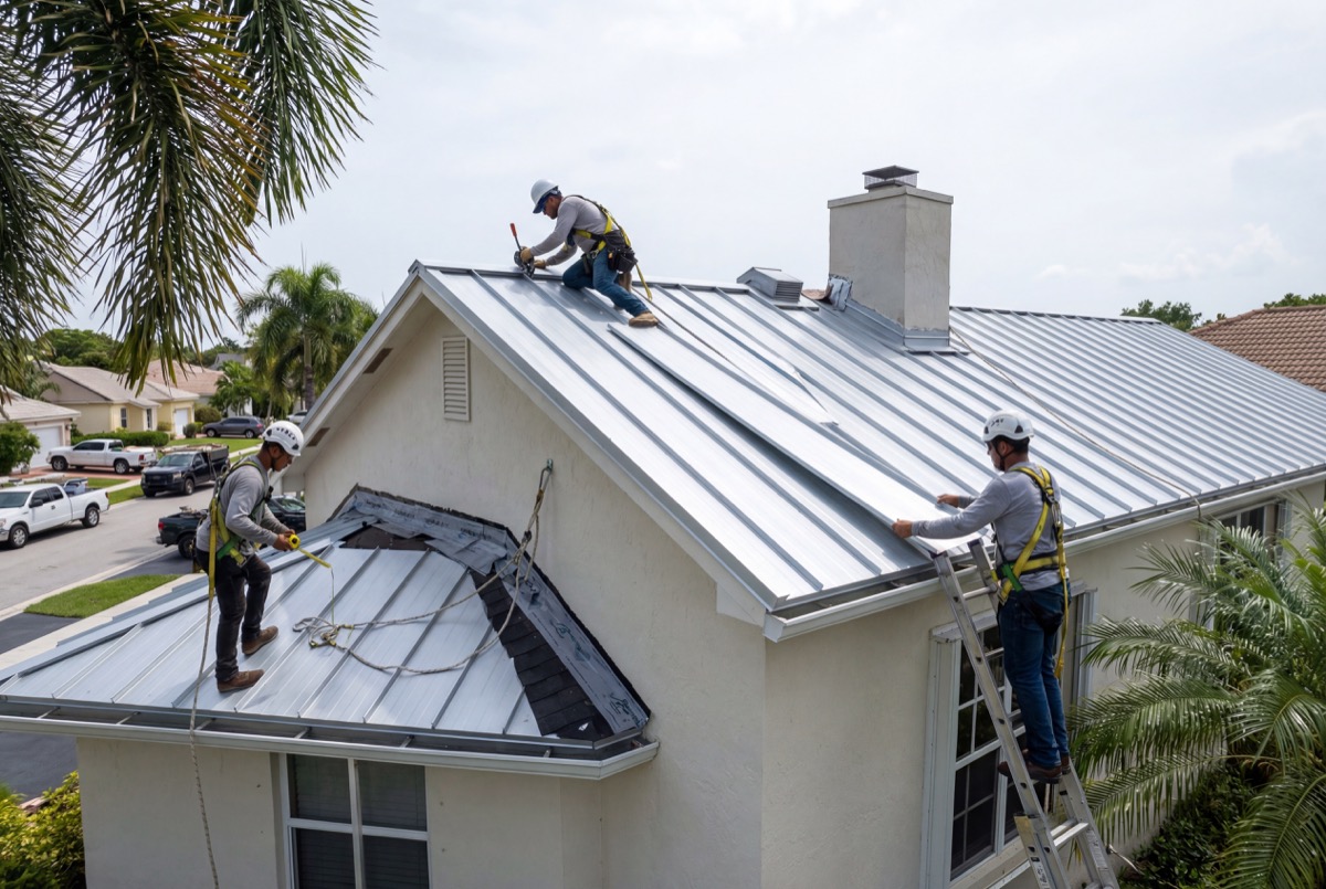 Workers installing metal roof on house