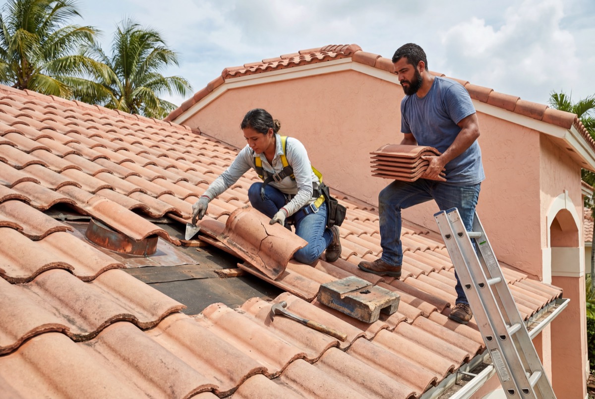 Roofers installing clay tiles on house roof
