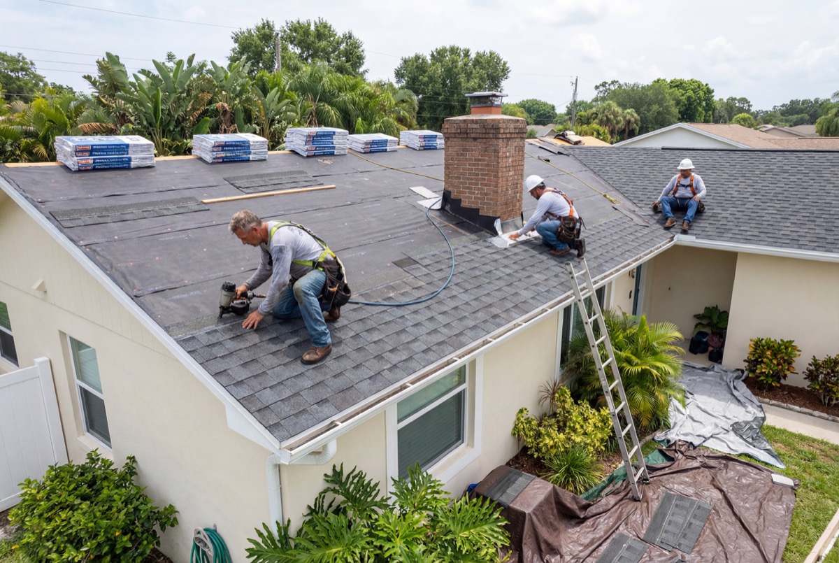 Roofers installing shingles on house roof