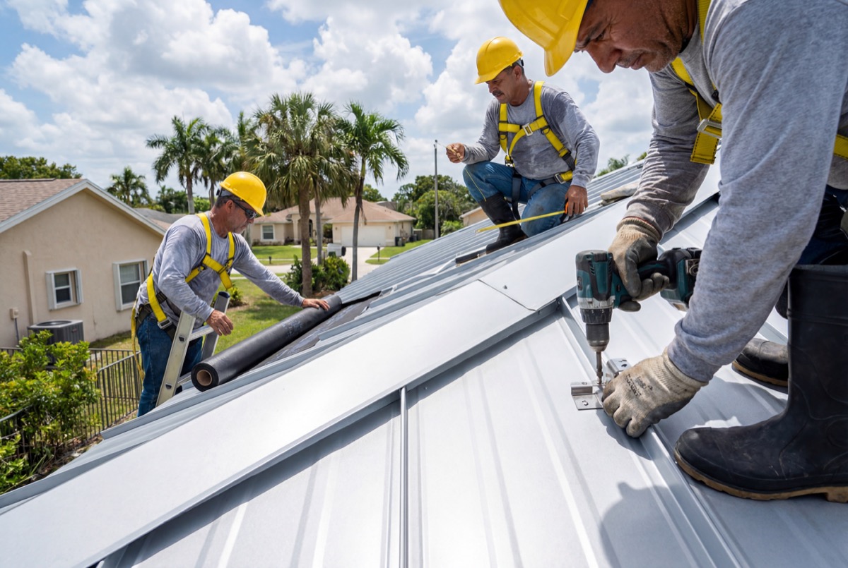 Workers installing metal roof panels outdoors