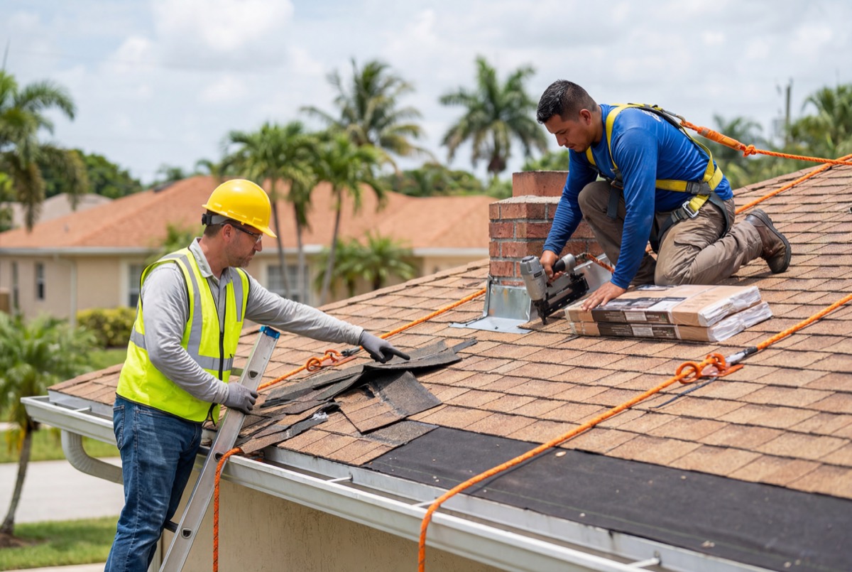 Roofers installing asphalt shingles on house roof