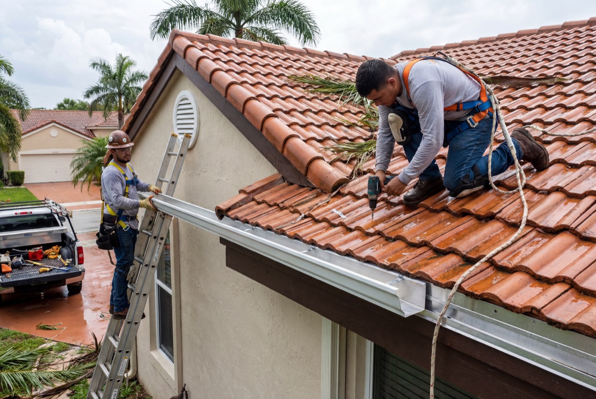 Roofers repairing terracotta tile roof