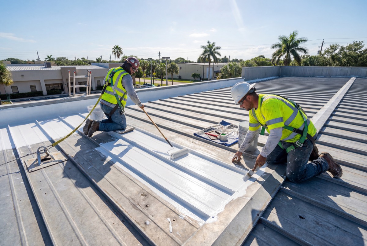 Workers installing metal roof panels outdoors