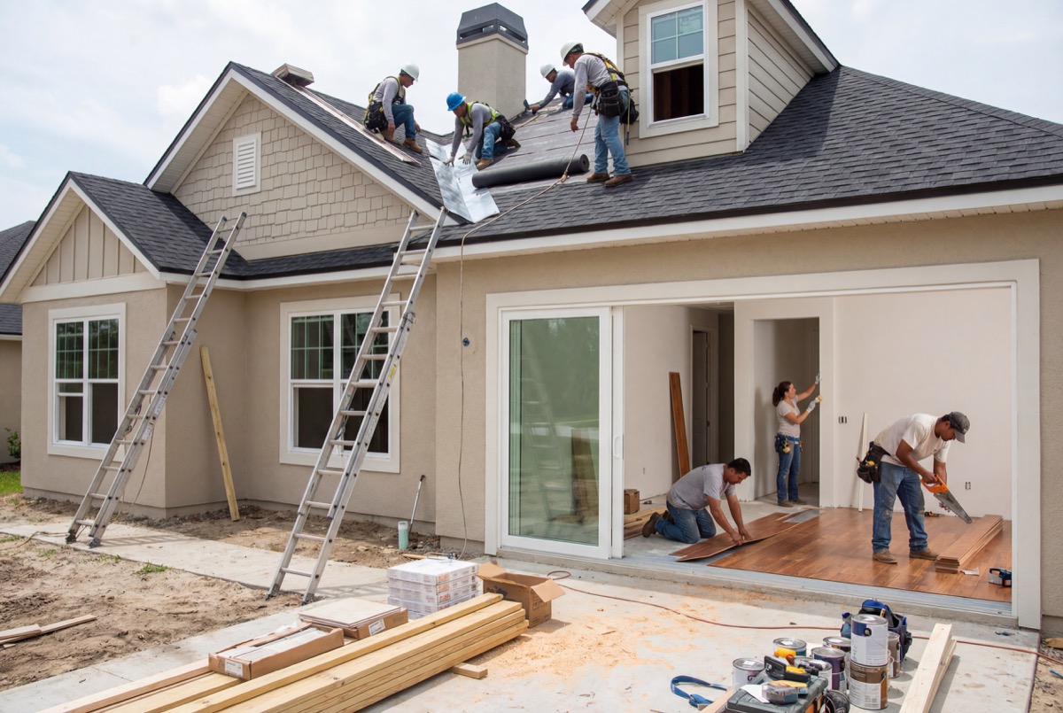 Workers installing roof shingles and flooring