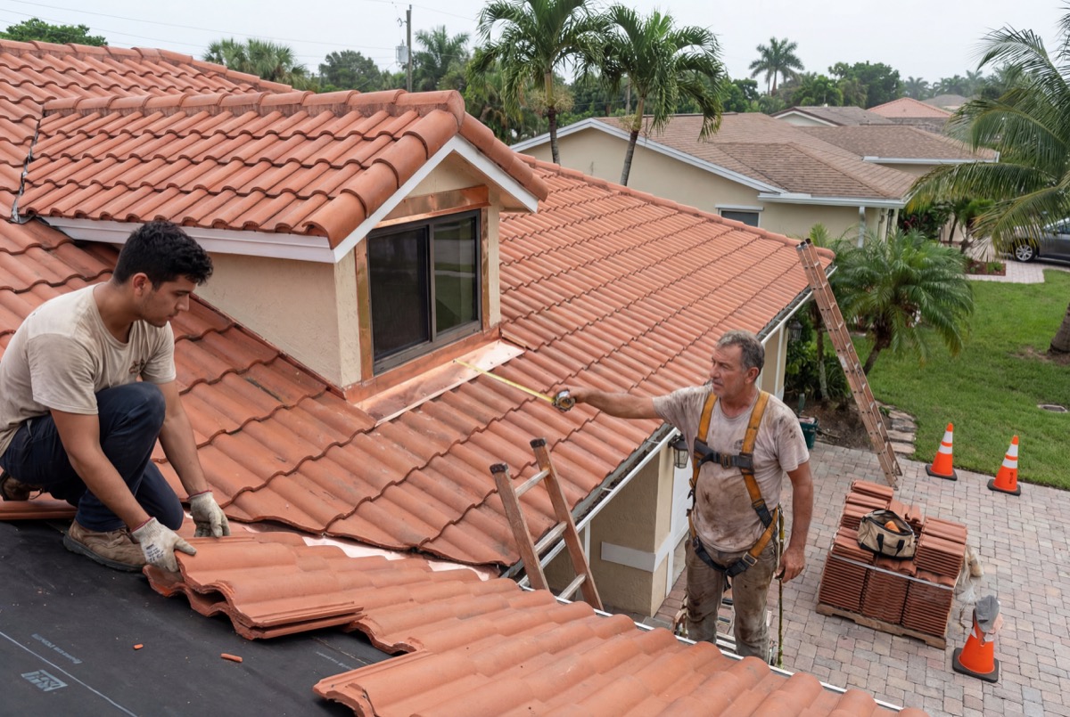 Roofers installing clay tiles on house roof
