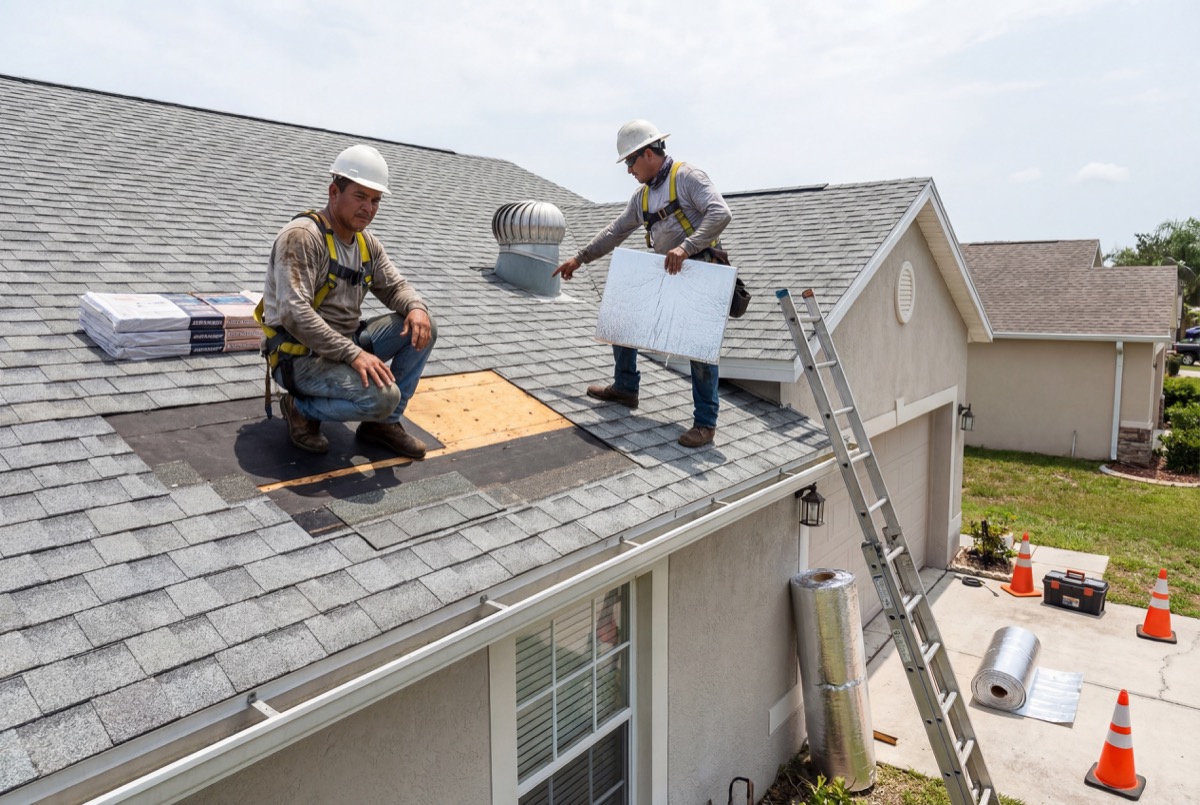 Roofers installing shingles on house roof