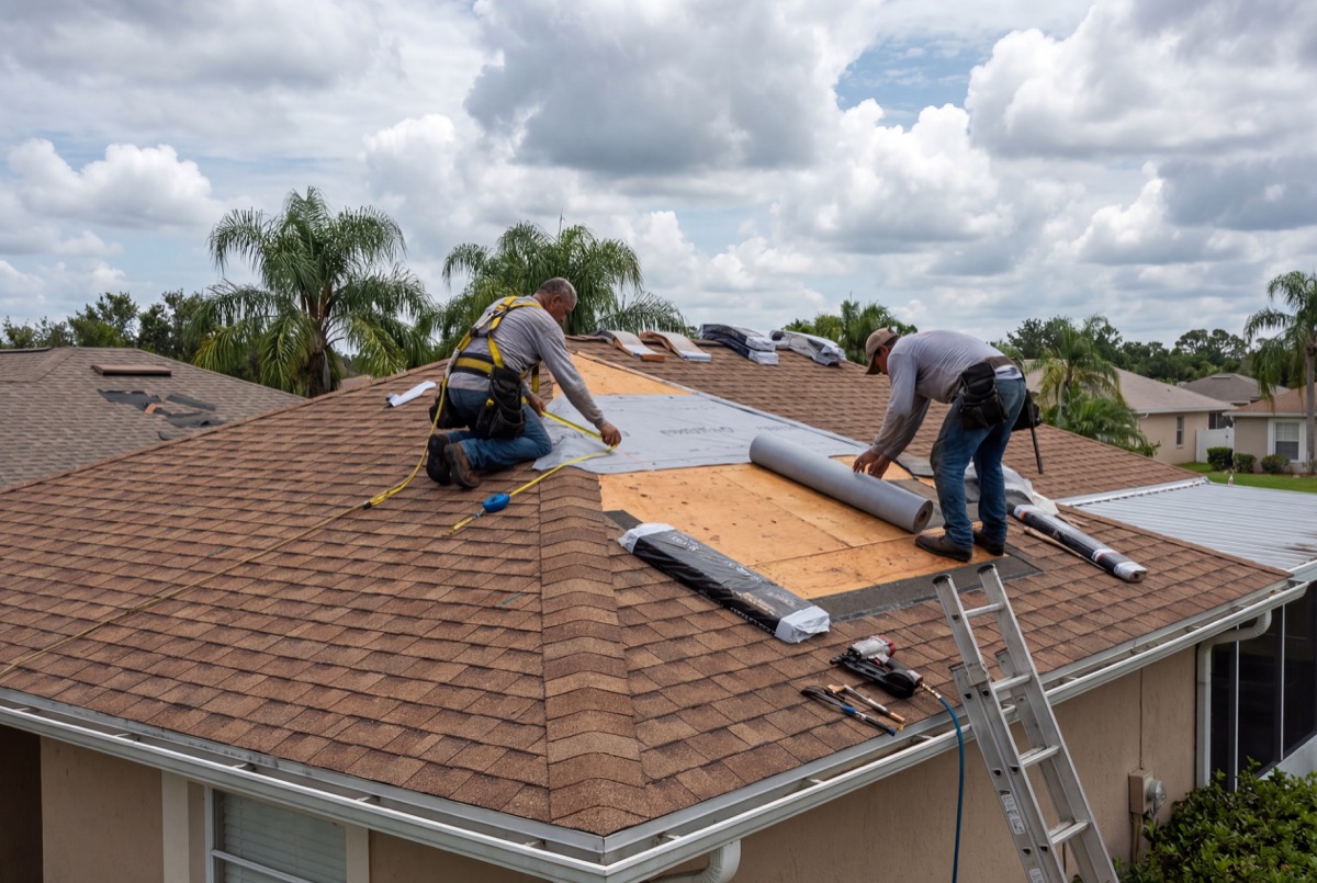 Roofers installing shingles on house roof
