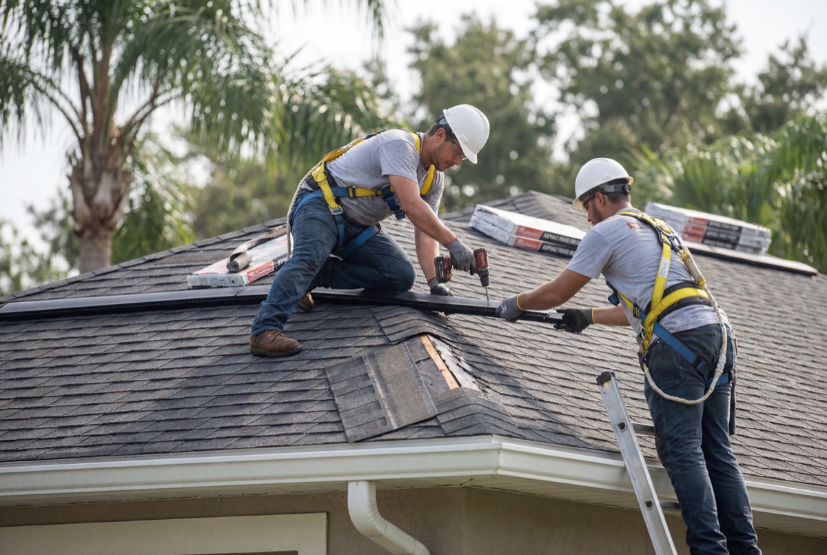 Roofers installing shingles on house roof