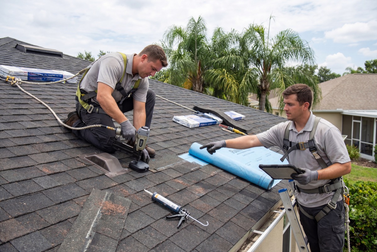 Roofers installing shingles on house roof