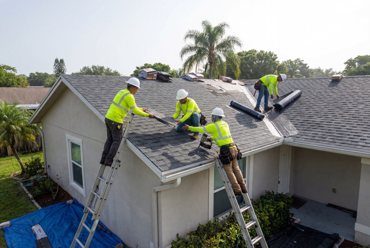 Workers installing shingles on house roof