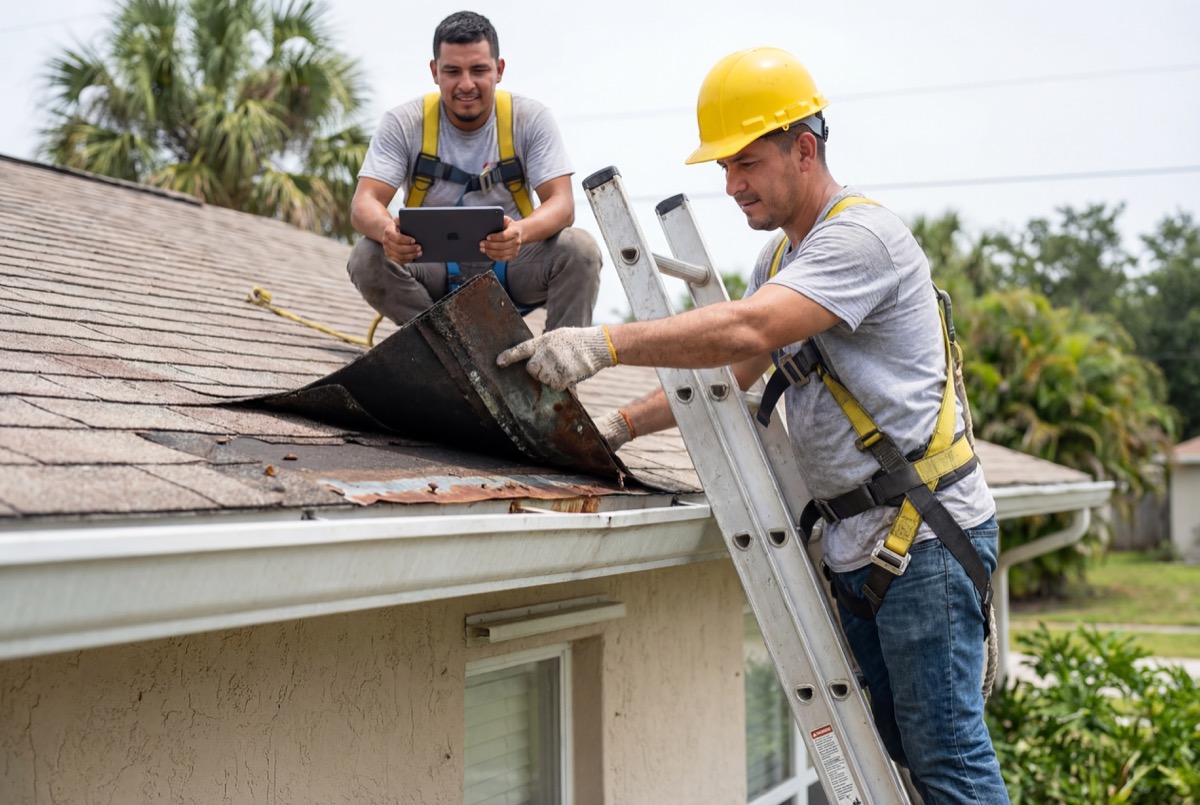 Roofers repairing shingles on house roof