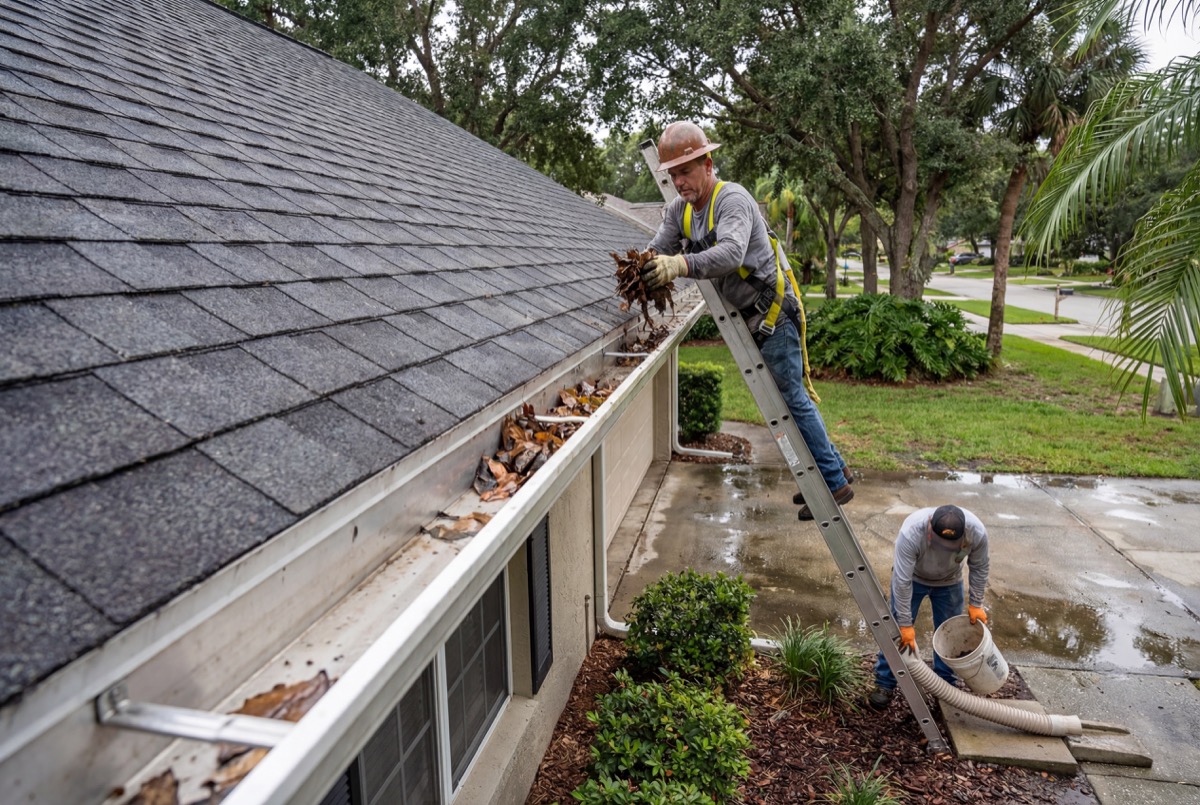 Man cleaning leaves from roof gutter outdoors