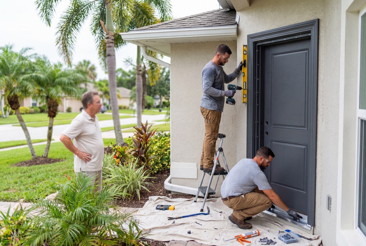 Technicians installing smart lock on front door