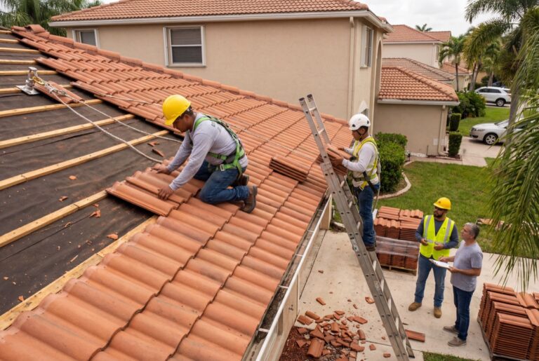 Workers installing clay roof tiles on house