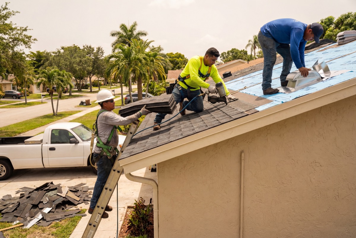 Roofers installing shingles on house roof