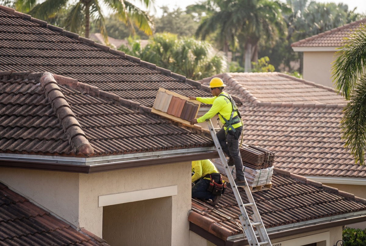 Worker carrying roofing materials on house roof
