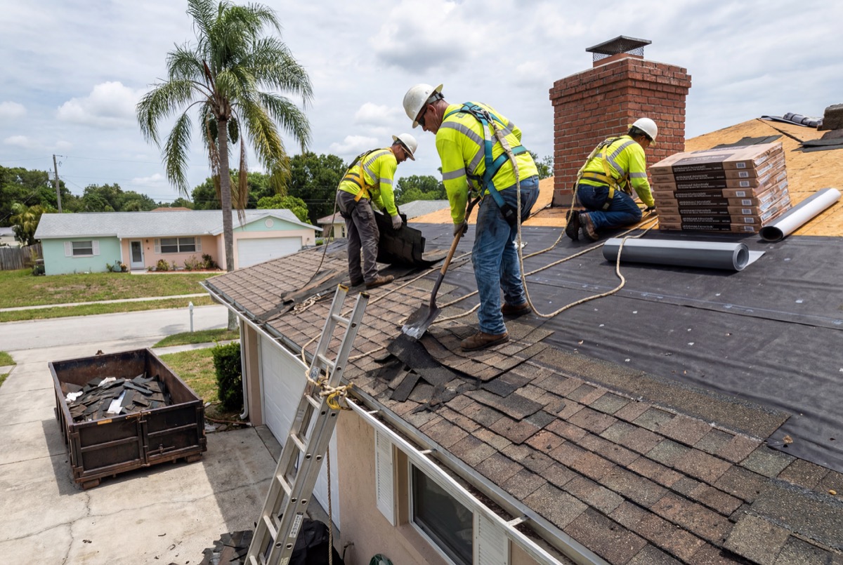 Roofers installing shingles on house roof