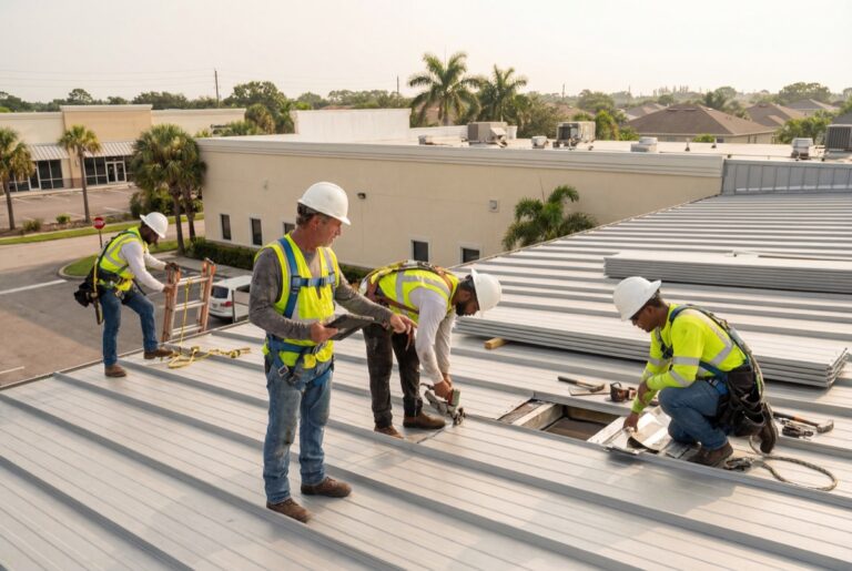 Workers installing metal roof panels outdoors