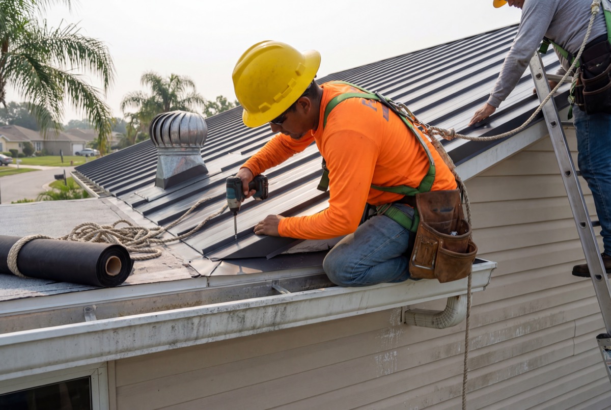 Roofer installing metal roof panels on house
