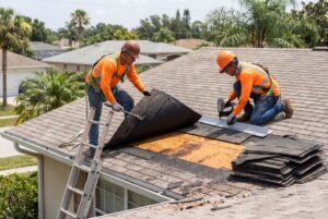 Roofers installing shingles on house roof